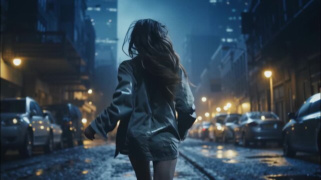 Scared woman runs down dark city street at night alone, adult girl escapes in rain, back view. Female person like in thriller or horror movie. Concept of terror