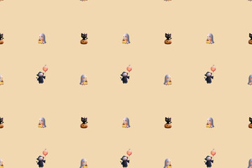 Seamless holiday pattern for Halloween with cheerful vampires, funny ghosts and witches
