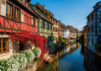 Colorful historic timberframed houses along a canal in colmar, alsace, france