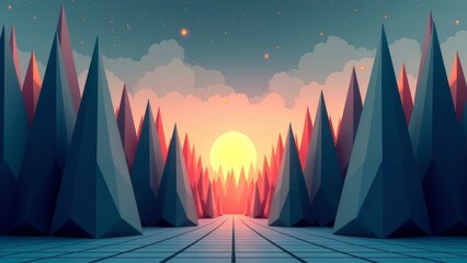 Geometric forest with twilight sky and angular trees
