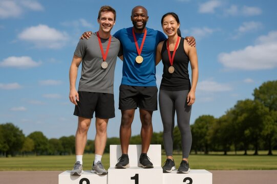 Three athletes standing on a podium, wearing medals and celebrating their victory after a sports competition
