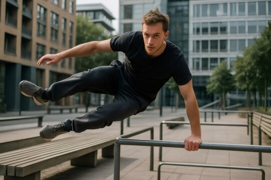 Concentrated sportsman jumping over a handrail while practicing parkour in an urban environment, showcasing agility and strength