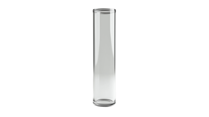 A sleek, elegant glass cylinder with a minimalist design showcasing its transparent qualities and smooth surface on transparent background