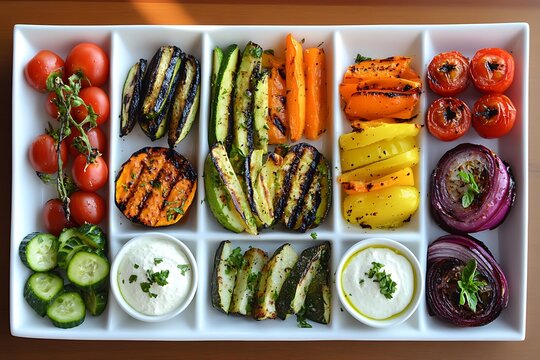 Geometric food plate with grilled vegetables arranged in a grid formation, interspersed with small dips 