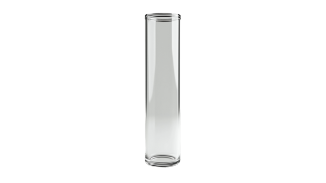 A sleek, elegant glass cylinder with a minimalist design showcasing its transparent qualities and smooth surface on transparent background