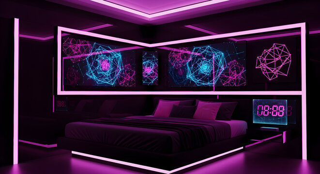 Futuristic Bedroom With Geometric Shapes, Digital Clock And Neon Glow Lighting