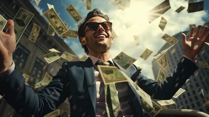 Happy businessman having fun with cash. Smiling rich person rejoices at rain of money on street, man throws up dollar bills near office buildings. Concept of business, success, win, winner - Powered by Adobe