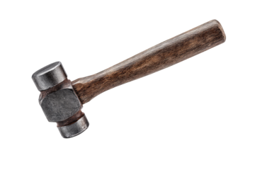 A blacksmith's hammer, angled view.  Dark-colored wooden handle.  Metal head.  Isolated
