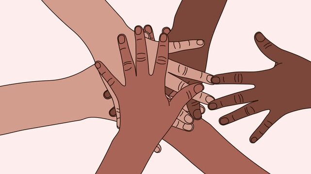 Motion graphics animation of the team's hands moving towards the center. Community and support. No discrimination and racism based on skin color and race.
