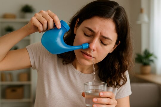 Woman using a neti pot filled with saline solution for nasal irrigation at home, promoting health and relieving sinus congestion