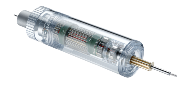 Transparent cylindrical device, likely a motor or pump, with internal components clearly visible.  A central shaft extends from one end