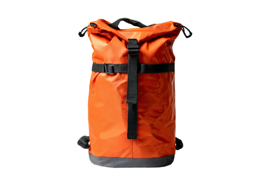 Orange waterproof backpack, front view
