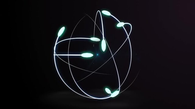 Atom illustration with electrons orbiting on a black background, representing science and technology