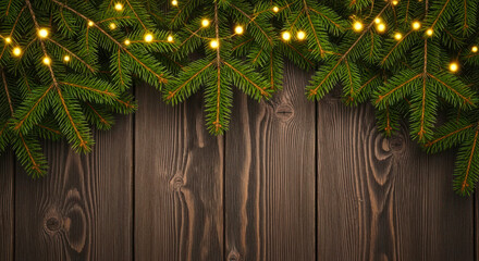Cozy christmas fir branches with warm glowing fairy lights above rustic wooden background