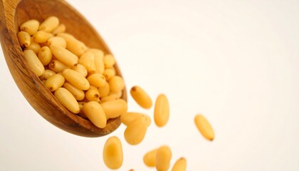 Pine nuts spilling from wooden spoon