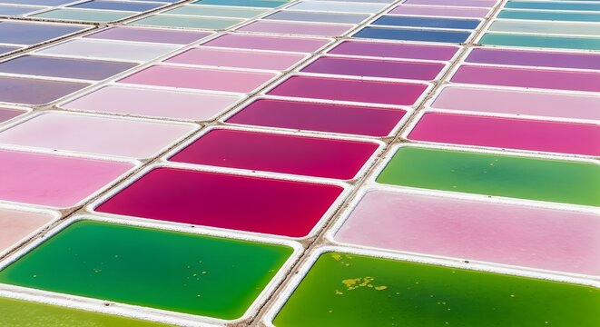 Colorful rectangular trays filled with vibrant liquids, arranged in a grid pattern, possibly a dye or pigment production process.