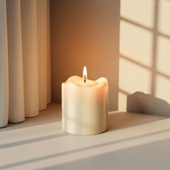 A single white candle with a smooth, creamy texture and a delicate flame glowing softly in a serene and quiet room