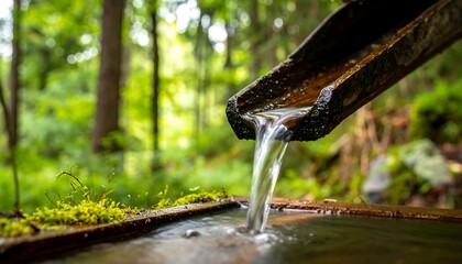 Water flowing from a wooden trough in a forest