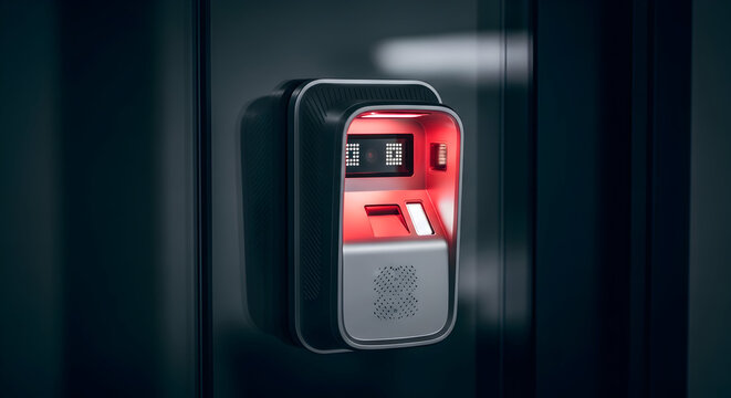 Futuristic Interface Device Mounted on a Wall with Red Illumination and Display Screen