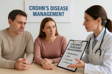 Doctor discussing Crohn's disease management plan with concerned couple during medical consultation, addressing worries and treatment options