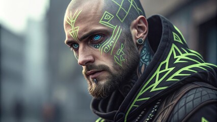 A bold image of a man with striking facial tattoos and piercing blue eyes. The abstract filter creates an edgy feel with sharp angular designs in black and neon green accentuating