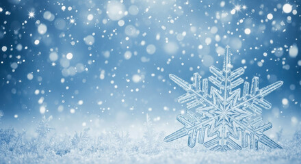 Close up of a large detailed ice crystal snowflake resting on a snowy surface with falling snow and bokeh lights