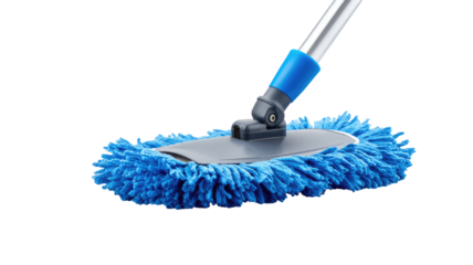 Close-up of a blue microfiber cleaning mop head attached to a silver metal pole.  The mop head is oval-shaped and densely filled with textured blue fibers.