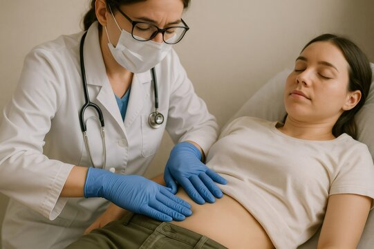 Female doctor wearing mask and gloves palpating abdomen of young woman lying on examination table during medical consultation