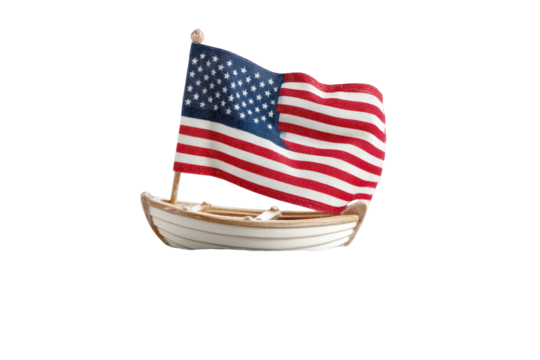 Small wooden boat with American flag