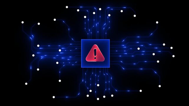 Digital circuit board glowing blue lines connecting white nodes with central red warning exclamation mark alert symbol on dark background futuristic technology concept cybersecurity threat danger