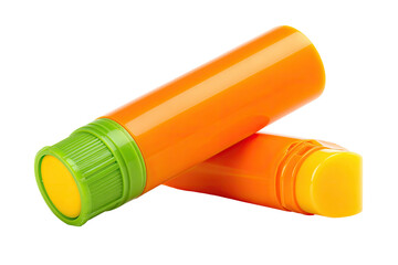 Two orange and lime-green tubes, likely lip balm or similar, overlapping, angled slightly, on a plain background
