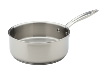 Isolated stainless steel saucepan for cooking, kitchenware item with modern handle design
