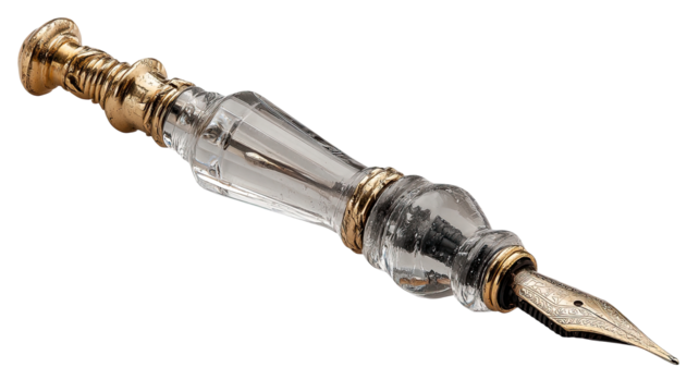 Clear acrylic pen with gold accents.  Ornate brass top and base.  Fine nib