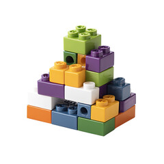 Obraz premium Multicolored plastic building blocks arranged in a small, triangular structure. Various shades of orange, green, purple, white, and dark blue are used.