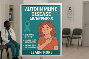 Autoimmune disease awareness campaign poster displayed in a medical waiting room, promoting knowledge about chronic illness, immune system issues, fatigue, and pain