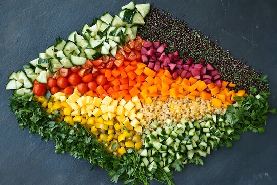 Quinoa and vegetable salad arranged in an evenly spaced triangular layout on a flat dish 