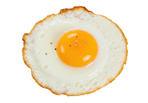 Isolated Fried Egg, Sunny Side Up on Plate, Classic Cooked Breakfast Food, Yolk and Protein