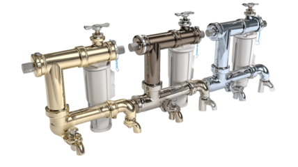 Three water filter systems in different finishes, arranged in a row.  Each filter features a double-chamber design,  connected by pipes, and topped with a handle.
