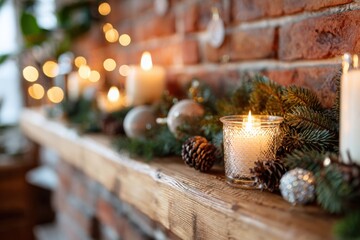Cozy holiday mantel with candles and decorations