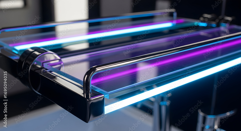 Poster futuristic luminescence design displaying a vibrant blend of colors and reflective surfaces