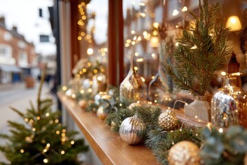 Festive Christmas window display with lights and ornaments