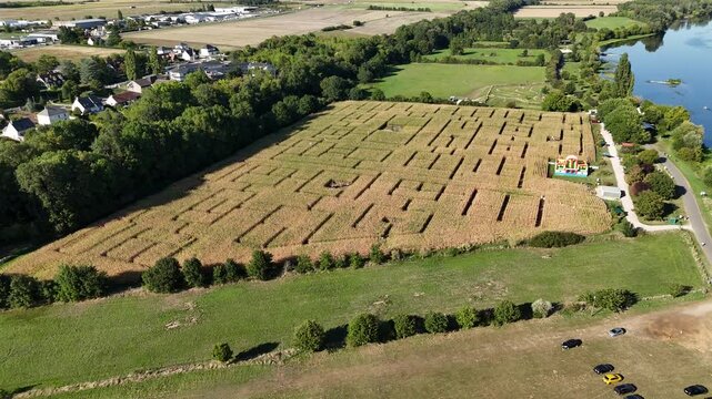 Vue a&eacute;rienne du labyrinthe de ma&iuml;s r&eacute;alis&eacute; &agrave; Beaugency dans le Loiret. Travelling vers l'avant finissant par une vue verticale.