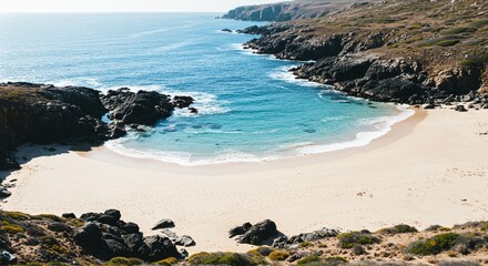 Obraz premium Clear Coastal Scene with Dark Rocky Shoreline and Sand Line