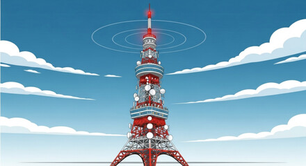 Illustration of a red and white radio television broadcast communication tower against a blue cloudy sky view