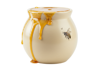 Isolated vintage ceramic pot of honey with dripping liquid and bee illustration, no background