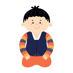Cute boy in traditional Korean clothes hanbok sitting, isolated on transparent. Hand drawn flat vector illustration. Cartoon character. Chuseok, Seollal design element, clip art