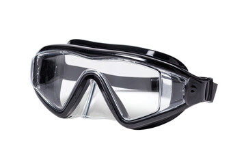 Black swimming goggles, clear lenses, angled view