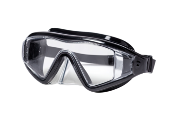 Black swimming goggles, clear lenses, angled view