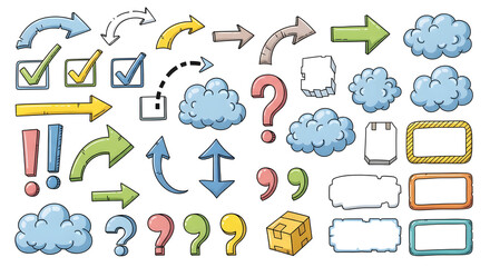 Obraz premium Playful hand-drawn communication icons and symbols collection — colorful doodles of speech bubbles, arrows, checkboxes, question marks, clouds and UI elements for brainstorming, UX notes, presentation