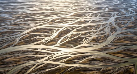 Aerial view of a vast network of braided rivers carving through a landscape.